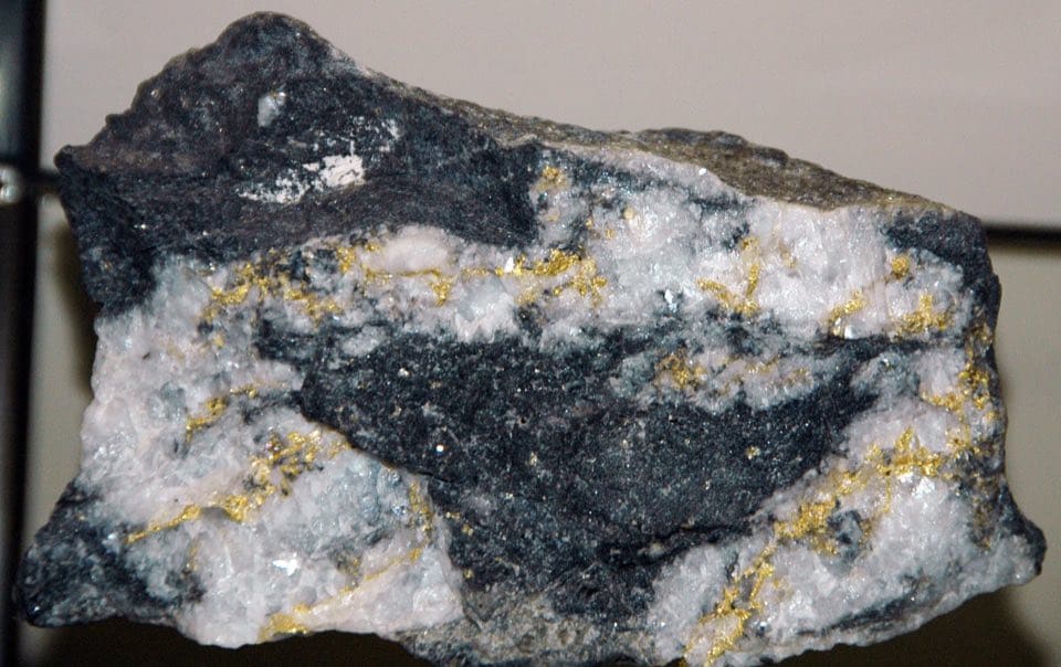 Veins of native gold running through dark quartz ore